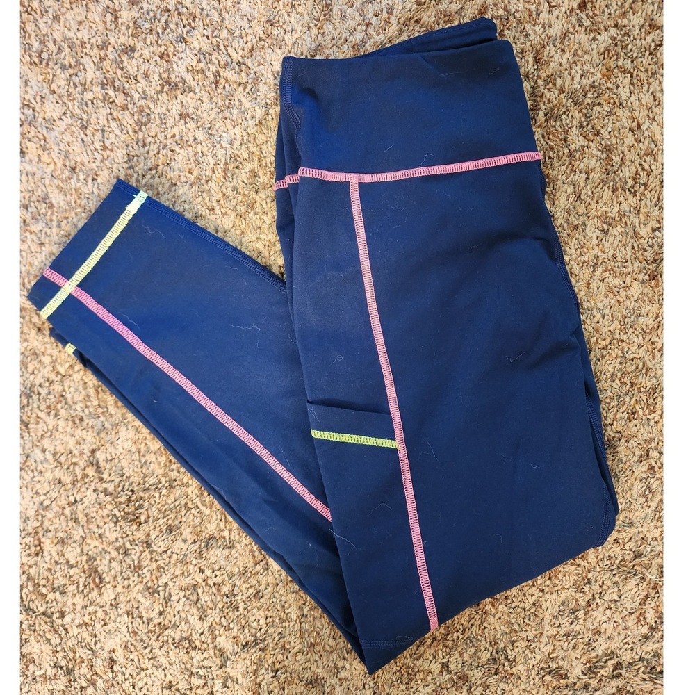 Vineyard Vines Navy Performance Leggings Pink Lime Stitching Pockets Medium